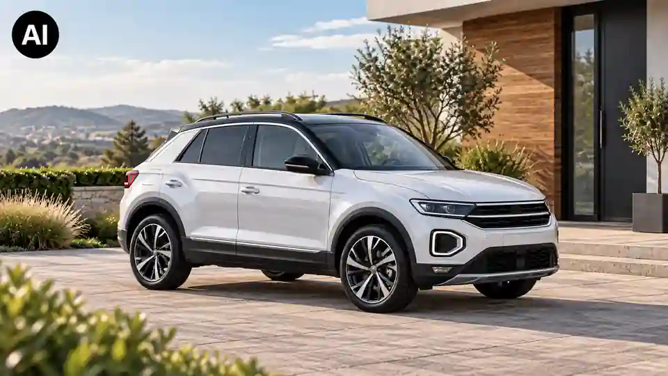 Weißer Kompakt-SUV vor modernem Haus – KI-generiertes Beitragsbild