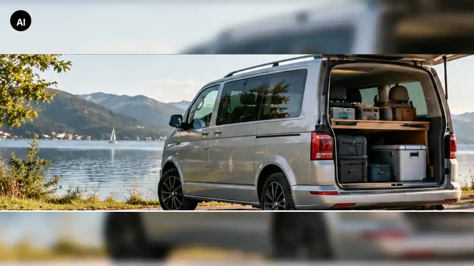 Modellnaher Transporter in einer realistischen Outdoor-Szene – KI-generiertes Beitragsbild zum VW T6 Zubehör-Ratgeber